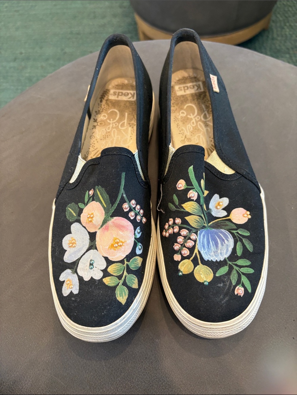 Keds Black Canvas Slip-On Sneakers with Hand-Painted Floral Design